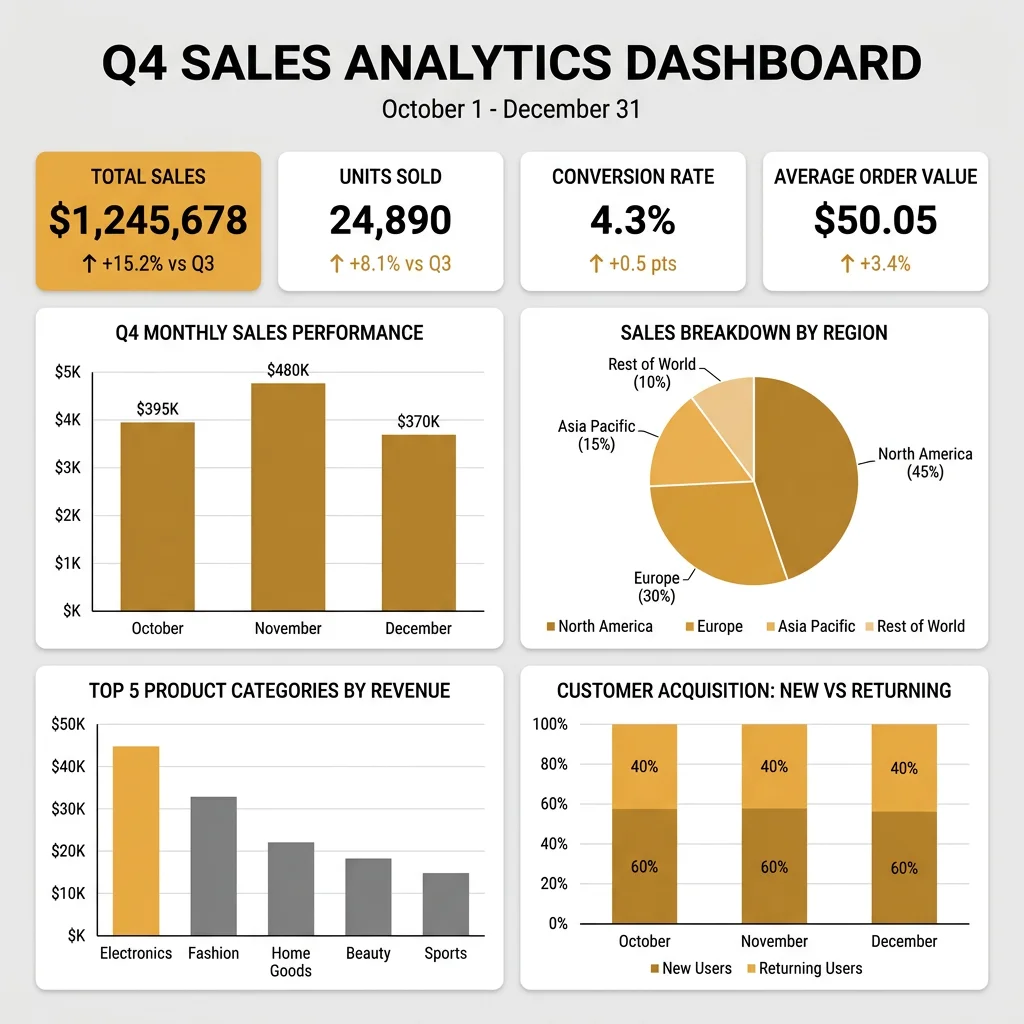 After — Professional dashboard with pie charts, bar graphs, and KPI cards showing Q4 sales data