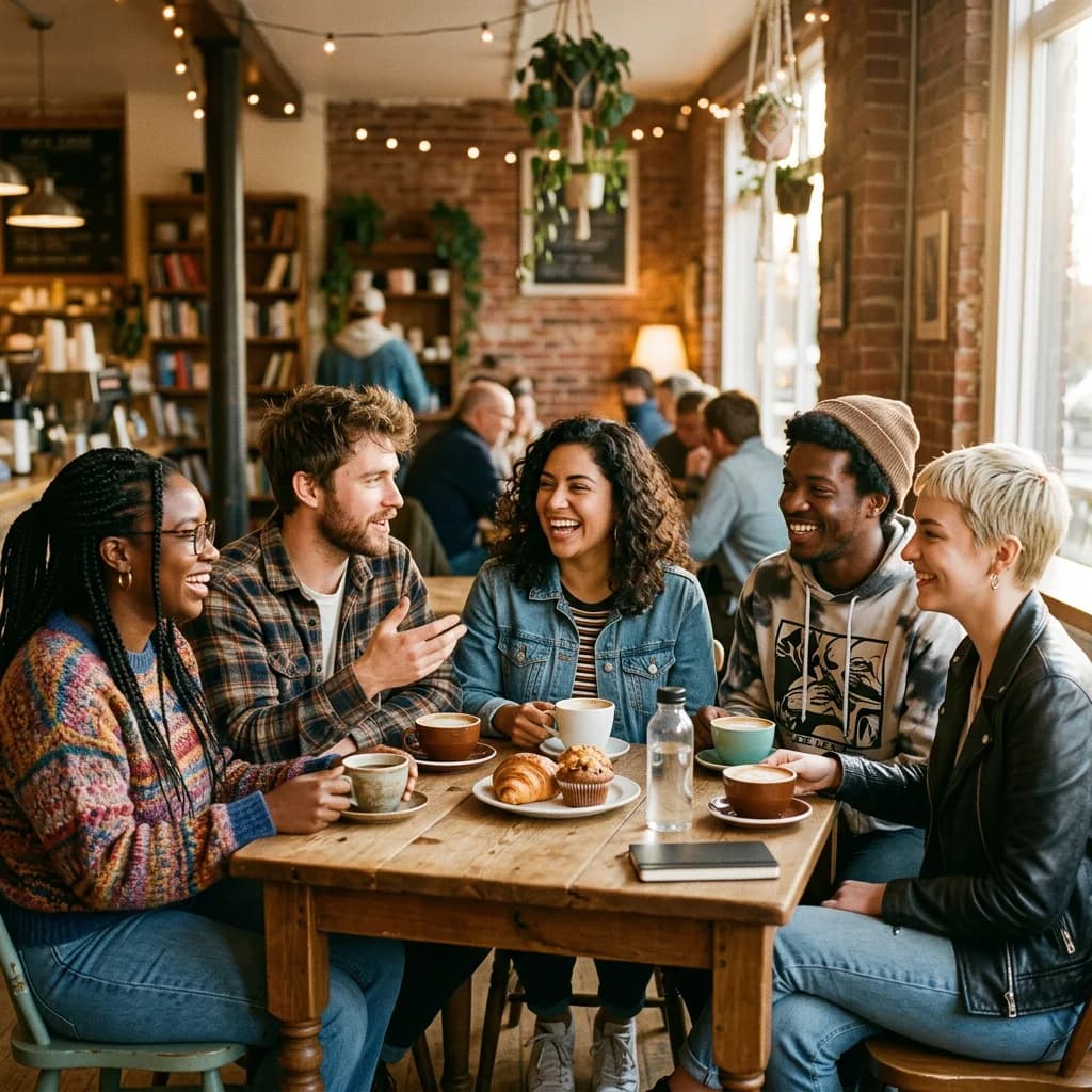 After — 5 friends with distinct faces and outfits at a coffee shop, each person uniquely identifiable
