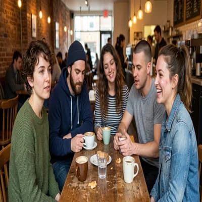 Before — 5 friends with distinct faces and outfits at a coffee shop, each person uniquely identifiable