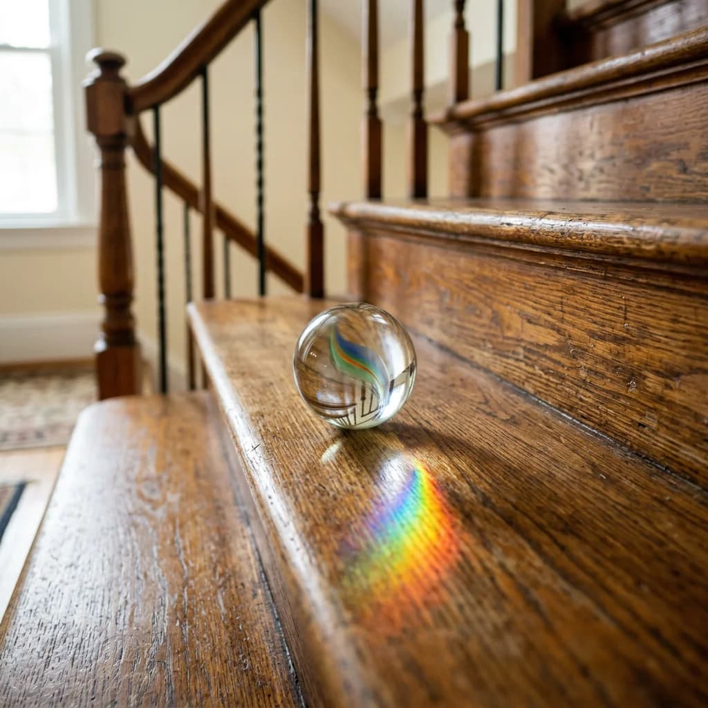 After — Glass marble rolling down wooden stairs with accurate reflections and shadow at each step