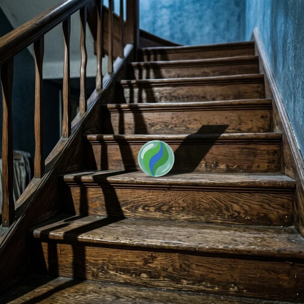 Before — Glass marble rolling down wooden stairs with accurate reflections and shadow at each step