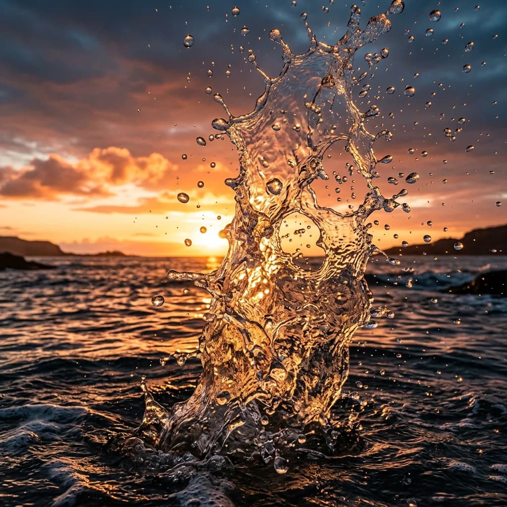 After — A physics-accurate water splash catching golden sunset light with realistic reflections
