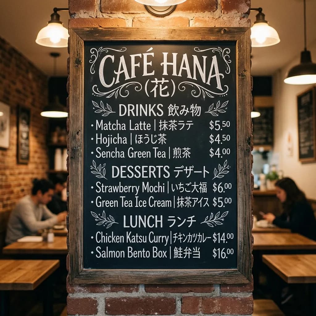 After — Restaurant menu board with perfectly rendered calligraphy in English and Japanese