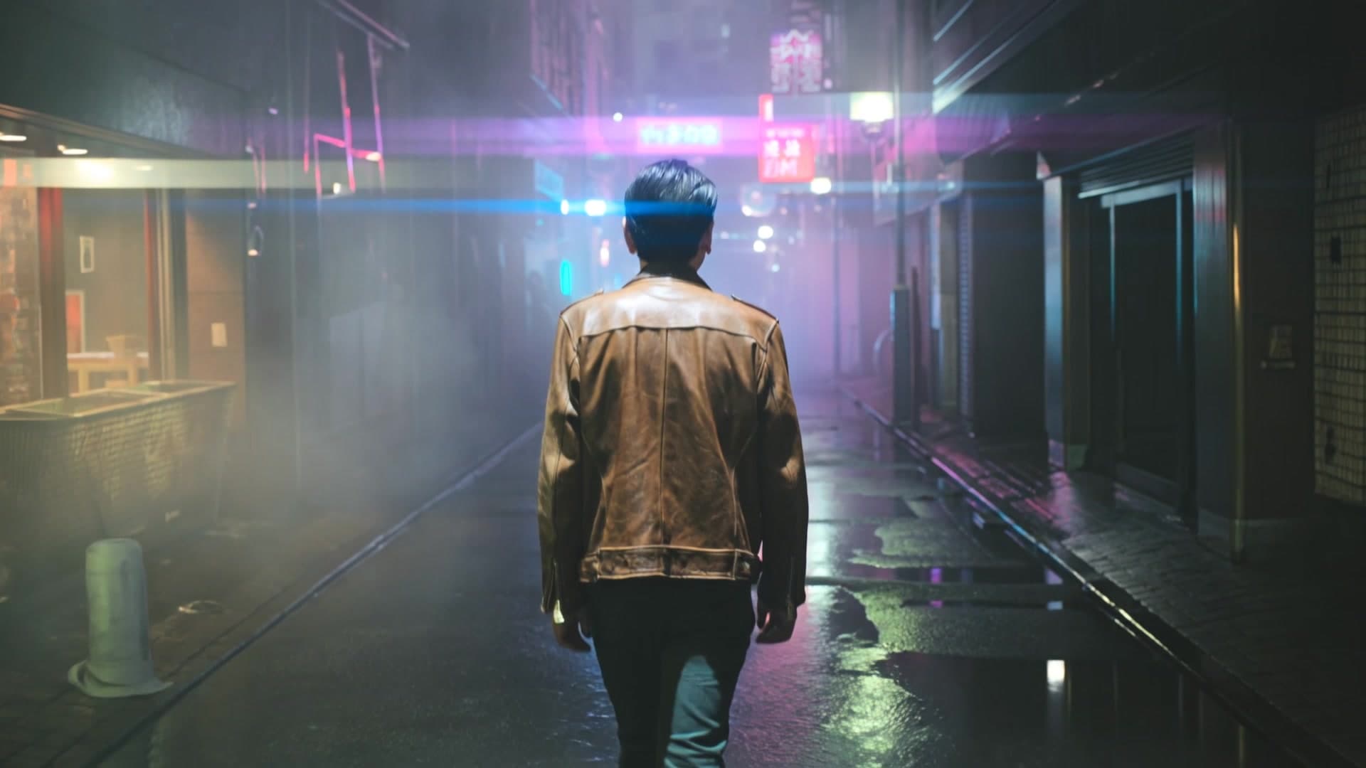 AI generated video: A man in a vintage leather jacket walks through a rain-soaked Tokyo alley at night, neon signs reflecting in puddles, volumetric fog, cinematic anamorphic lens, slow tracking shot, Blade Runner atmosphere