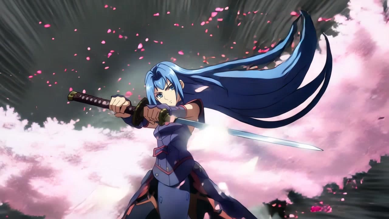 AI generated video: A warrior girl with flowing blue hair draws her katana dramatically in a cherry blossom storm, petals swirl in slow motion, anime style with cel-shading, dramatic speed lines, vibrant colors, dynamic camera swooping from low angle, epic lighting