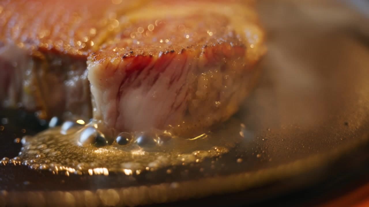 AI generated video: Extreme close-up of sizzling wagyu beef steak on a hot iron plate, steam rising dramatically, golden butter melting and flowing over the surface, warm amber restaurant lighting, ASMR food photography, macro lens shallow depth of field, 4K detail
