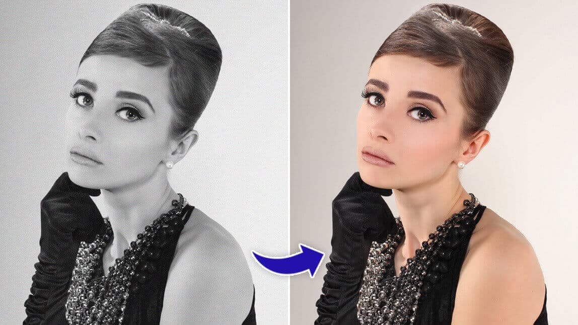 AI Photo Colorization Demo - 1950s black and white photograph transformed into vibrant full color image